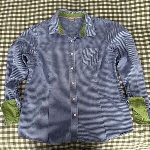 L.L. Bean - Blue and White Striped Button-Up Shirt with Green Accents